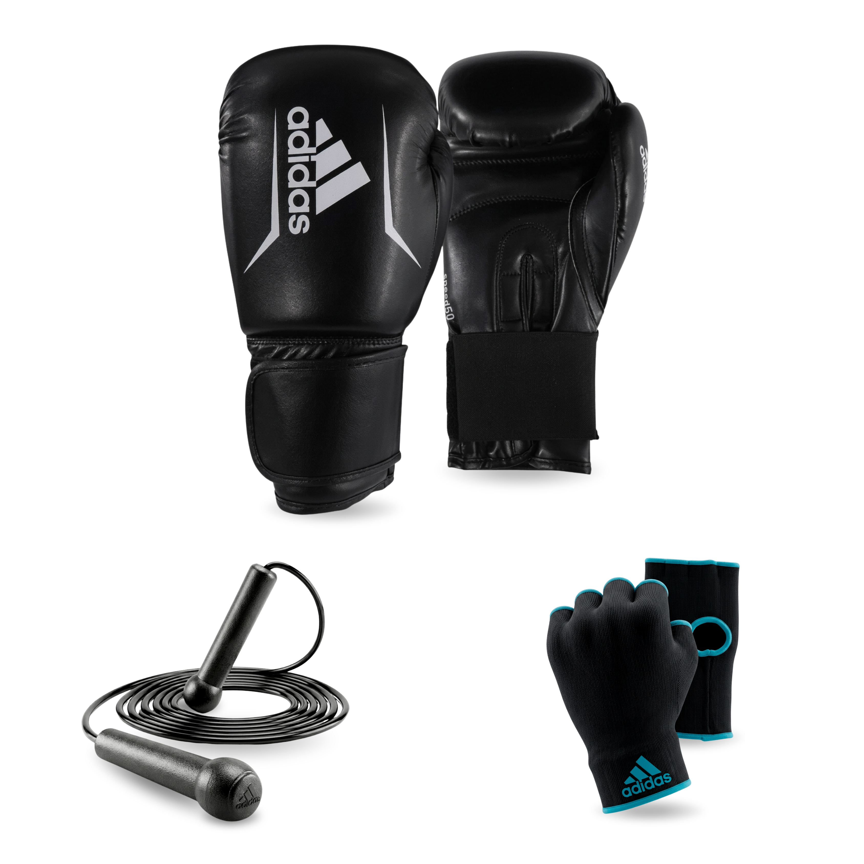 KIT DE BOXEO ADIDAS SPEED TRAINING CON GUANTES, VENDA INTERIOR Y CUERDA DE SALTAR- ADIBPKITSMU